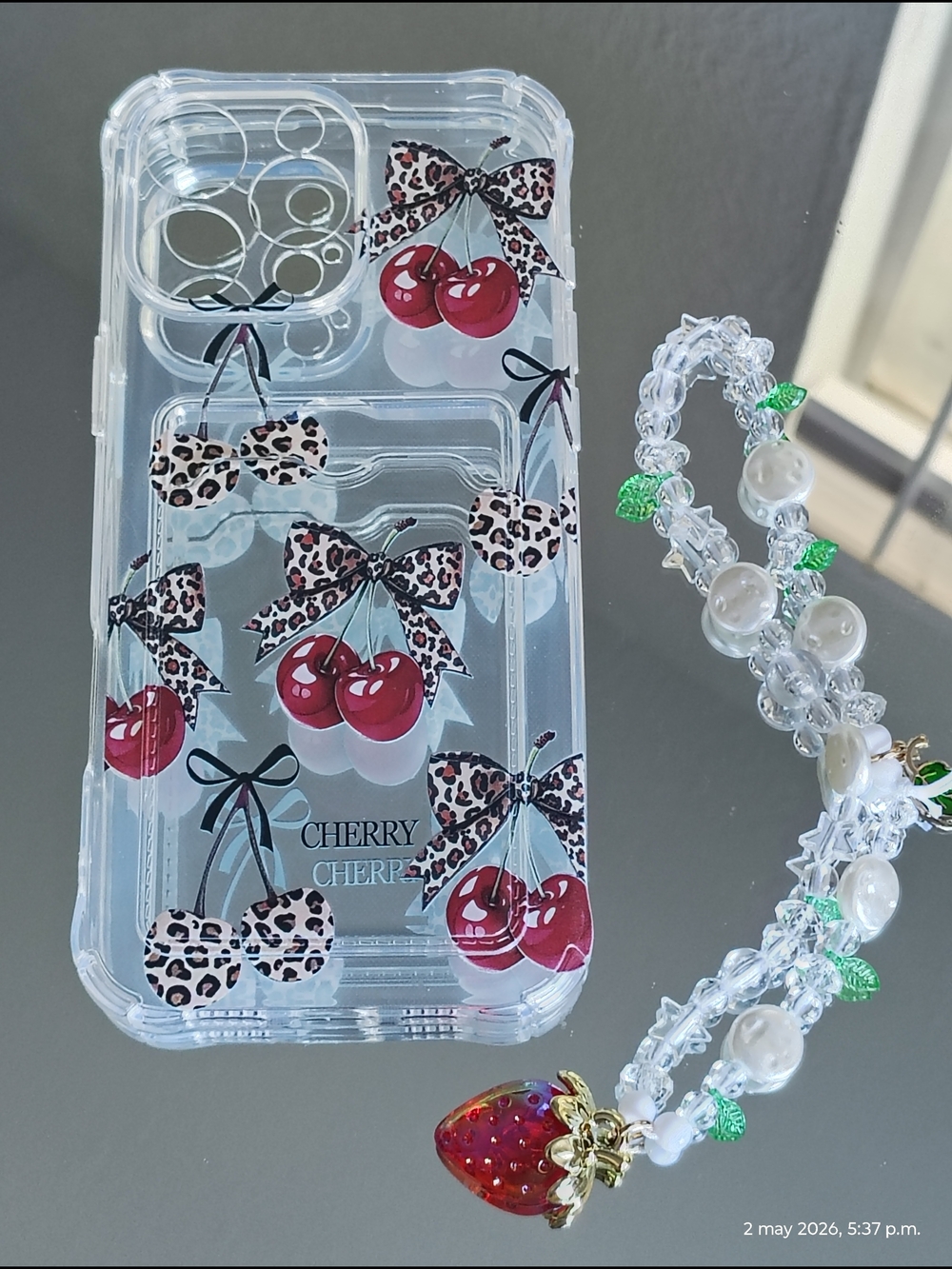 Transparent iPhone 16 Pro Max Case with Cherry and Leopard Bow Print